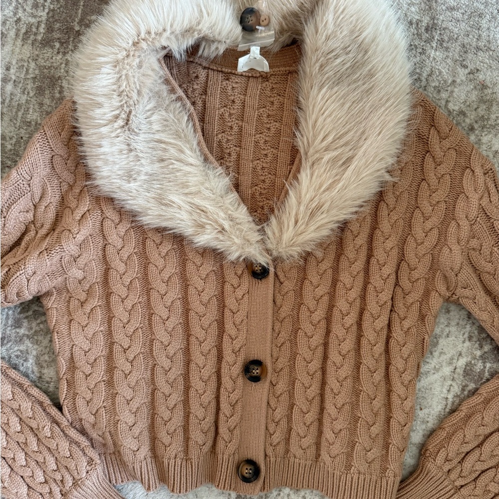 PacSun Brown Cable Knit Cardigan with Faux Fur Collar - Picture 3 of 3